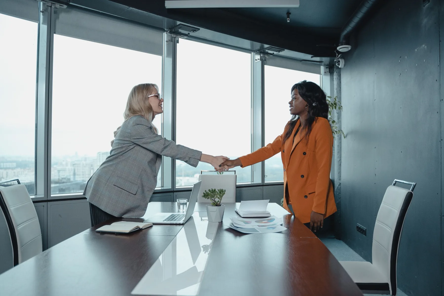 Two professionals meeting in a modern office